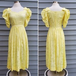 Vintage 80s Retro Canary Yellow Puffed Sleeves Floral Jacquard Midi Dress XS